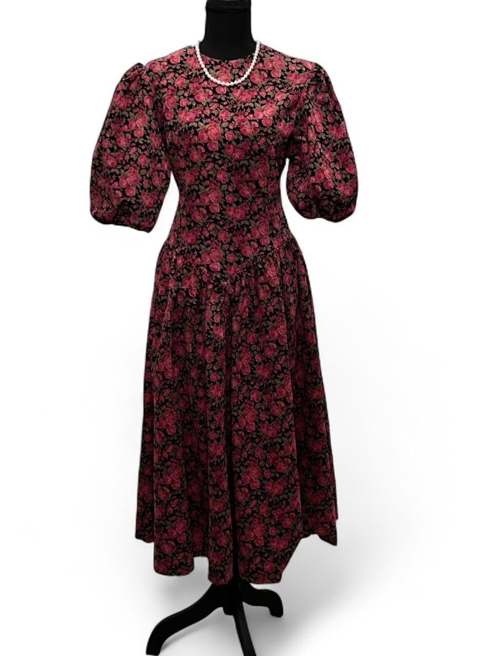 True Vintage Corduroy Prairie Dress with Vest Black with Pink Roses Basque Waist